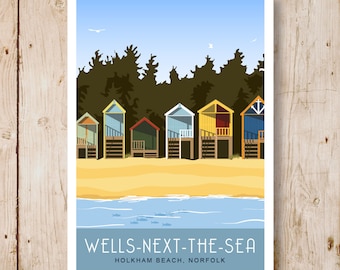 Holkham Beach Huts, Wells-next-the-Sea.  Travel poster, Norfolk. Landscape also available.