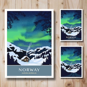 Northern Lights in Norway, Aurora Borealis. Travel Poster. A4, A3, A2, A1 Three versions available. Norway, Sweden, Finland, Iceland