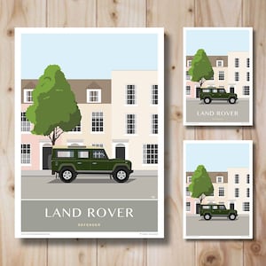Land Rover Defender 4WD print, Blue town vehicle. Travel Poster Art Print.