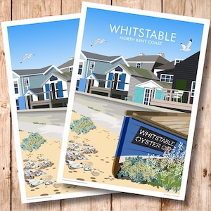 May include: A colorful illustration of a seaside town with blue and white beach huts, a boat with the text "Whitstable Oyster Co." and the words "Whitstable North Kent Coast" at the top of the image.