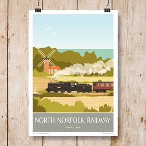 May include: A vintage-style poster featuring a black steam train with red passenger cars traveling through a green landscape with a windmill in the background. The poster reads "North Norfolk Railway Poppy Line".
