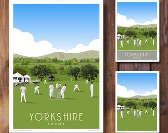 Yorkshire Village Cricket Art Deco Poster, Sports Travel Print