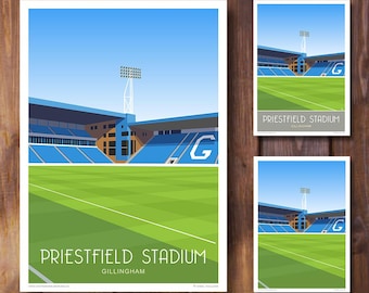 Priestfield Stadium Gillingham Ground,  Kent, Print, Travel Portrait,  Retro, Art Deco