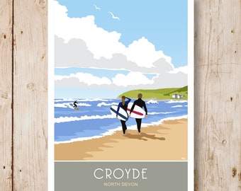 Surfers on Croyde Beach, North Devon. Travel Poster A4, A3, A2, A1 Three views