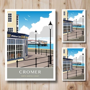 Cromer Lifeboat Cafe, North Norfolk, Art Deco style design, Poster, Print. Travel Poster Three versions