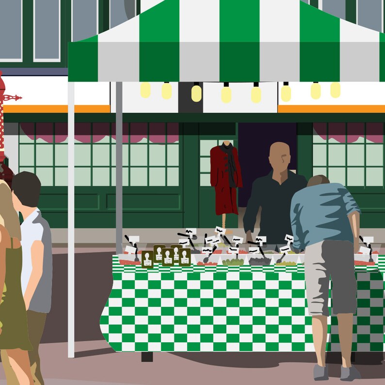 May include: A green and white striped canopy awning over a market stall with a checkered green and white tablecloth. The stall is selling various jars of olives and other food items. There are three people in the image, two men and a woman.