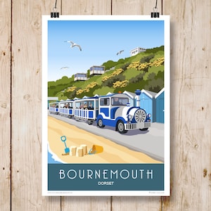 Bournemouth Land Train and Cliff Lift, Dorset. A4, A3, A2, A1 in Retro, Art Deco style design. Other sizes now available