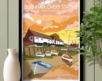 Sunset Burnham Overy Staithe Quay, North Norfolk, Travel Poster, Art. Unframed print.