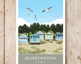 Vieilles cabanes de plage de Hunstanton, côte ouest du Norfolk. Affiche de voyage, Portrait A4,A3, A2, A1 Paysage également disponible