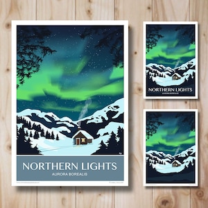 Northern Lights, Aurora Borealis. Norwegian Hut. Travel Poster. A4, A3, A2, A1 Three versions available.