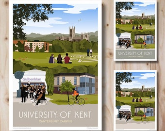 Canterbury University of Kent, Canterbury Campus, Travel Poster. Portrait, in Retro, Art Deco style design Print, Art Print