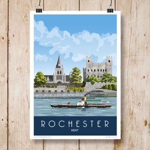 Rochester. Art print Travel Poster of Rochester Castle and Cathedral, Kent, England. A4, A3, A2, A1 in Retro. Other sizes now available