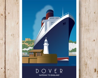 DOVER. Art print Travel/Railway Poster of Dover Harbour & Cruise Ship. A4, A3, A2, A1 Dover Harbour