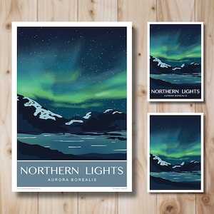 May include: A poster with a dark blue background featuring a vibrant green and blue aurora borealis over a snowy mountain range and a dark blue lake. The text "NORTHERN LIGHTS" and "AURORA BOREALIS" is printed in white at the bottom of the poster.