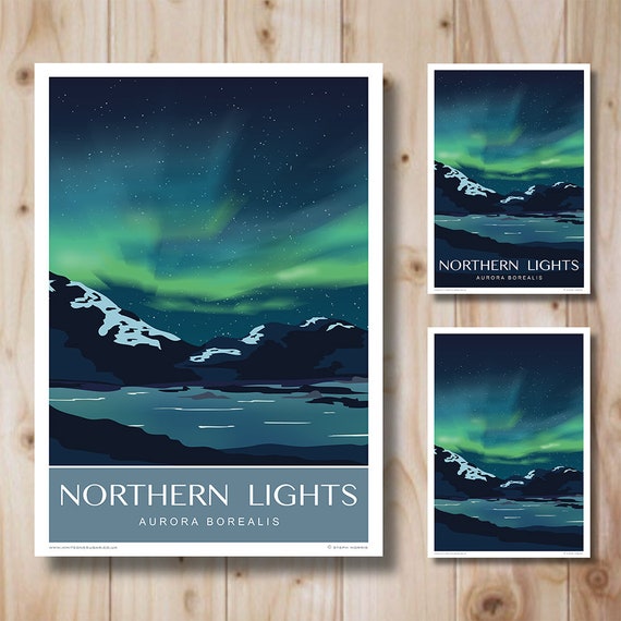 Northern Lights, Aurora Borealis. Travel Poster. A4, A3, A2, A1 Three versions available. Norway, Sweden, Finland, Iceland.