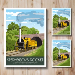 Stephenson&#39;s Rocket Poster. Portrait, in Retro, Art Deco style design, Poster, Print. Travel Poster