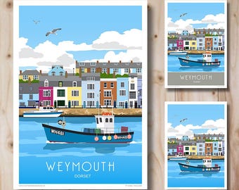 Weymouth Harbour, Fishing Boat, Dorset. Travel Poster Art Print.