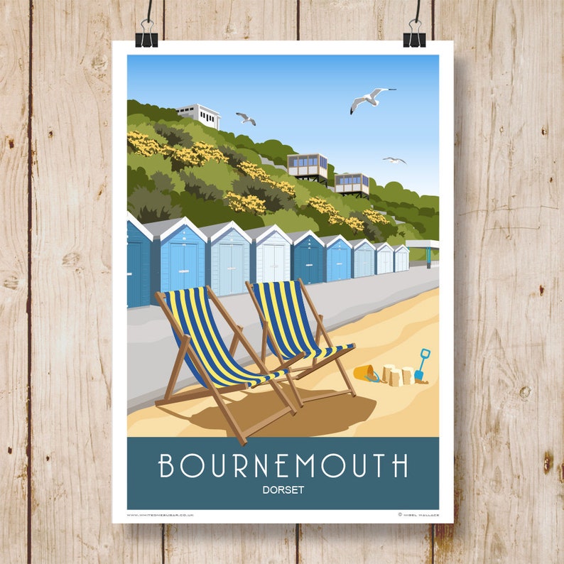 BOURNEMOUTH deck chairs and East Cliff Lift Dorset. A4 A3 | Etsy