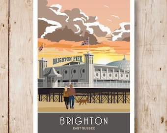 BRIGHTON. Travel Poster of Palace Pier, Brighton. Sunrise A4, A3, A2, A1. Art Deco, Retro style