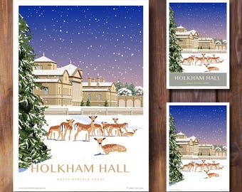 Holkham Hall Snow Art Print, Retro Travel Poster, North Norfolk