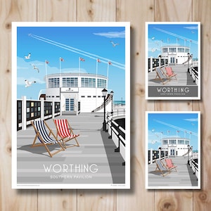 Southern Pavilion, Worthing Pier, Sussex, Travel Poster. Portrait, in Retro, Art Deco style design