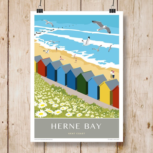 West Cliff Huts, Herne Bay, Kent. Art print Travel/Railway Poster A4, A3, A2, A1  in Retro, Art Deco style design