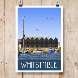 Travel Poster Whitstable Harbour Portrait, Kent. Image sizes available A4, A3, A2, A1. Other sizes now available