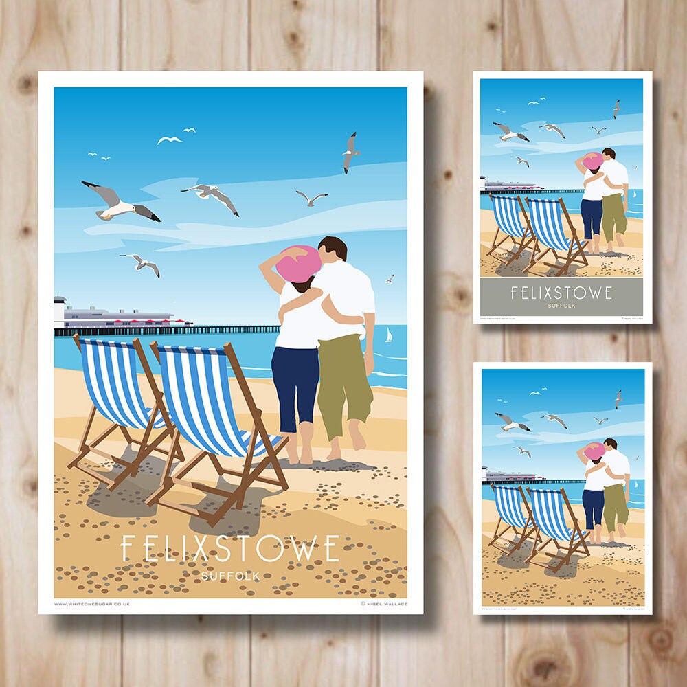 フェリクストウのデッキチェア、サフォーク。ビーチ。ポスター、版画