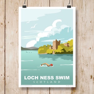 Loch Ness Swim Poster, Print, Scotland. Can be personalised. A4, A3, A2, A1