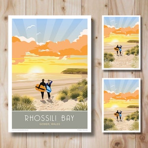 Rhossili Bay, Poster Print, Beach Sunset, Surfers,  Gower, Wales. Portrait, in Retro, Art Deco style design, Poster, Print. Travel Poster