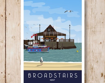 Broadstyle Strand und Hafen. Kunstposter von Broadstyles Harbour and Beach. Eine englische Küstenstadt in Kent. A4, A3, A2, A1 Reiseposter.