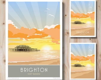 Brighton West Pier Poster, Druck, Sonnenuntergang, East Sussex A4, A3, A2, A1. Art Deco, Retro Stil. Reise Poster, Kunstdruck