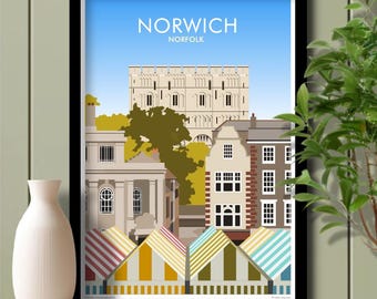 Norwich Castle and Market, Norfolk, Travel Poster, Art. Unframed print.