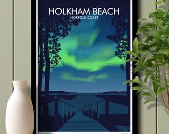 Aurora Borealis l, Holkham Beach, North Norfolk, Travel Poster, Art. Unframed print.