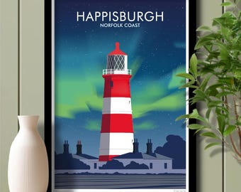 Happisburgh Lighthouse Northern Lights, North Norfolk, Travel Poster, Art. Unframed print.