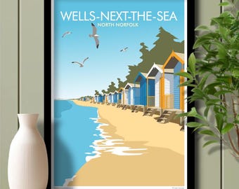 Beach Huts, Wells next the Sea, Travel Poster, Art. Unframed print.