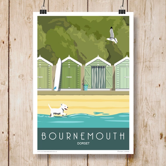 BOURNEMOUTH BEACH HUTS. Dorset. A4 A3 A2 A1 in Green. | Etsy
