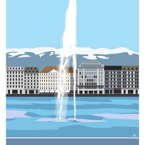 Lake Geneva, Switzerland. Jet d'Eau Fountains. Poster, Print A4, A3, A2, A1 in Retro, Art Deco style poster design image 2