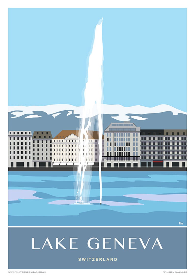 Lake Geneva, Switzerland. Jet d'Eau Fountains. Poster, Print A4, A3, A2, A1 in Retro, Art Deco style poster design image 2