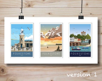 Folkestone triple mounted pictures. Travel poster art prints. Choose from 2 Versions or make your own.