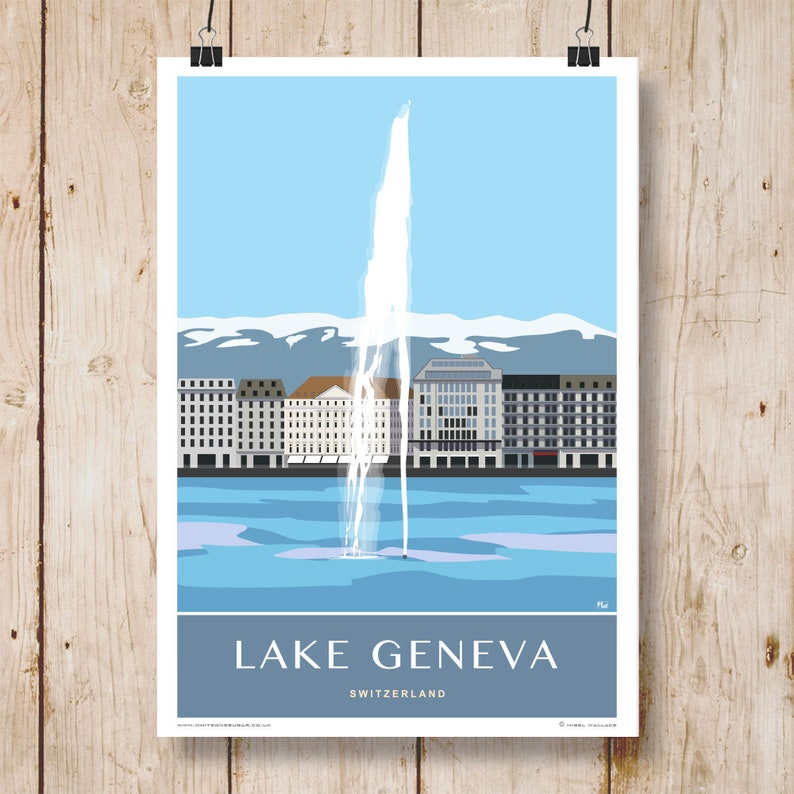 Lake Geneva, Switzerland. Jet d'Eau Fountains. Poster, Print A4, A3, A2, A1 in Retro, Art Deco style poster design image 1