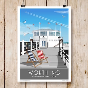 Worthing Pier Southern Pavilion, West Sussex, Portrait. A4, A3, A2, A1 in Retro, Art Deco style design. Other sizes now available