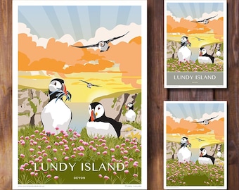 Lundy Island Sunrise Puffins Sea Birds. Travel Poster. Retro Art print