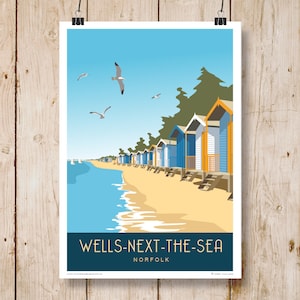 Wells next the Sea Beach Huts. Travel Poster. Art Deco style print of beach huts in Wells, portrait. Landscape also available