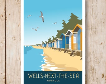 Wells next the Sea Beach Huts. Travel Poster. Art Deco style print of beach huts in Wells, portrait. Landscape also available