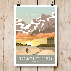 Broughty Ferry Beach Sunset, poster di viaggio in Scozia. A4, A3, A2, A1. Disponibile anche di giorno