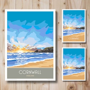 May include: A colourful illustration of a beach scene with a sunset over the ocean. The sky is a gradient of blue, purple and orange. The ocean is a deep blue with white waves. The beach is a light brown with a few palm trees. The text "Cornwall, England" is at the bottom of the image.