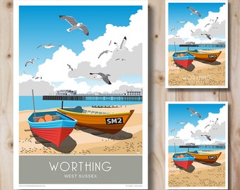 Worthing Fishing Boats, Sunset, Sussex, Portrait, in Retro, Art Deco style design