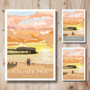 Cromer Pier Sunset, North Norfolk, Art Deco style design, Poster, Print. Travel Poster Three versions