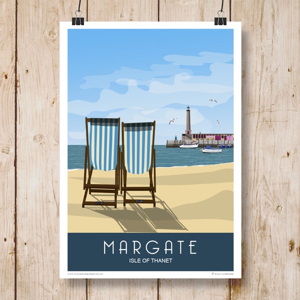 MARGATE. Seaside poster of Deck Chairs on Margate Beach. Harbour Arm in Background. A4, A3, A2, A1